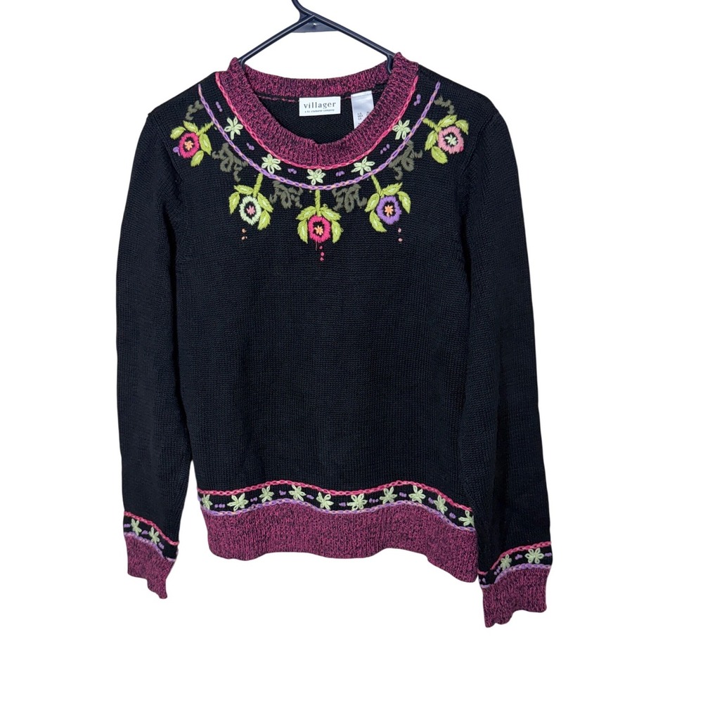 Villager Liz Claiborne Black Floral Embroidered Sweater XL Magenta Trim Crewneck